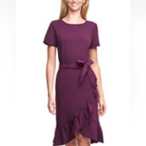 Calvin Klein aubergine ruffle hem tie waist short sleeve dress size 14
